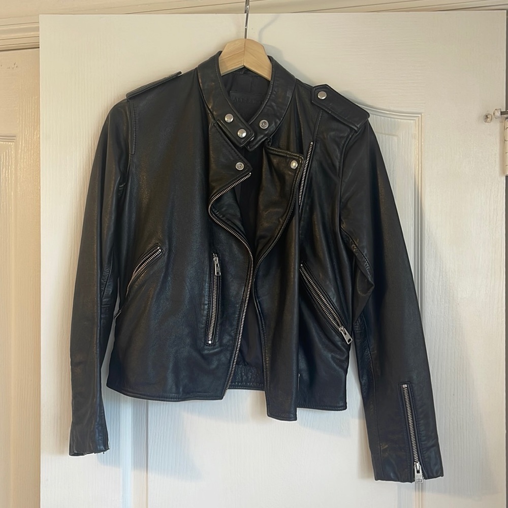 All Saints Black Leather Biker Jacket for Woman